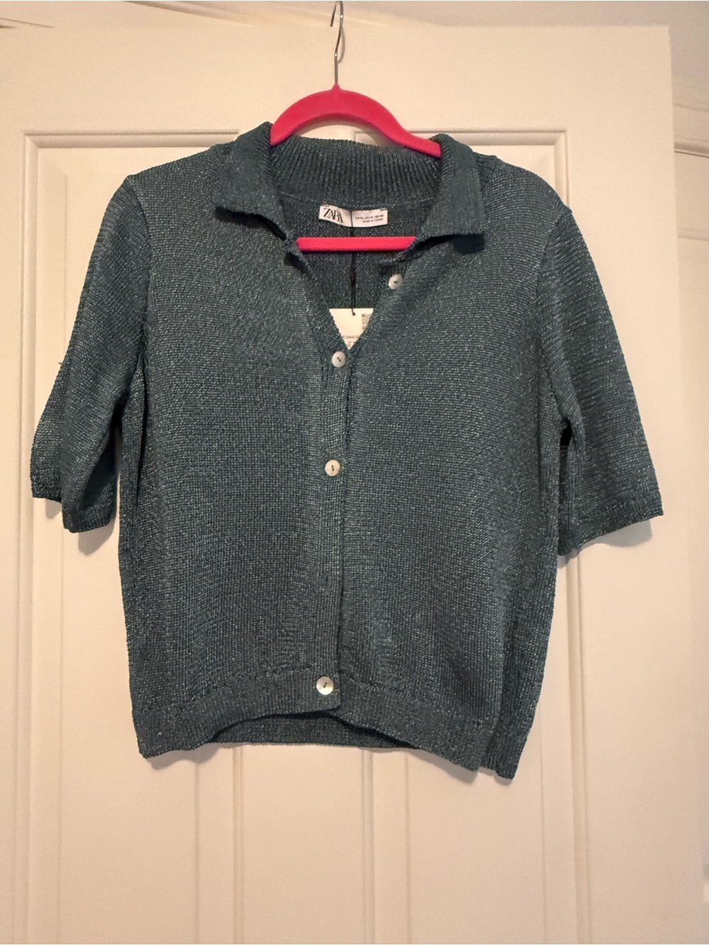 Zara Women’s Teal Short-Sleeve Knit Button-Up Top